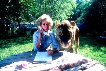 Una madre (Tipi Hedren, estrella de Hollywood y madre de Melanie Griffith), un teléfono y un león