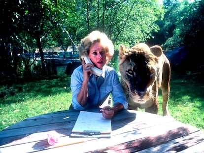 Una madre (Tipi Hedren, estrella de Hollywood y madre de Melanie Griffith), un teléfono y un león