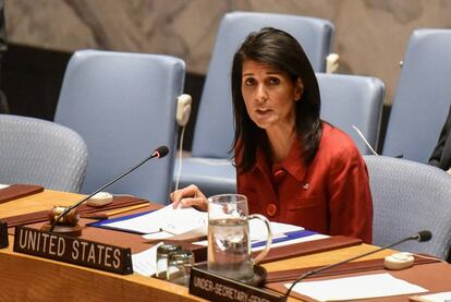 L'ambaixadora Nikki Haley en una intervenció davant el Consell de Seguretat de l'ONU el 7 d'abril a Nova York.