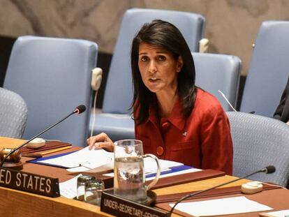 A embaixadora Nikki Haley durante reunião no Conselho de Segurança da ONU em 7 de abril, em Nova York.