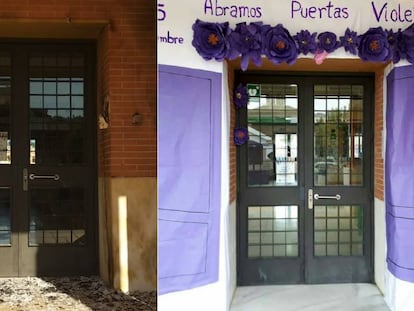 La puerta del instituto sevillano Antonio de Ulloa, después y antes del ataque.
