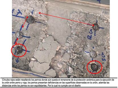 Imagen del dictamen preliminar que muestra que no se quitó la cubierta protección de cerámica de los pernos.