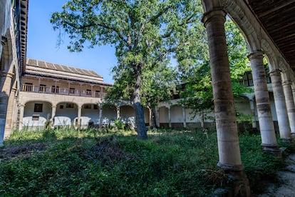 Jardín abierto del monasterio invadido por la vegetación.