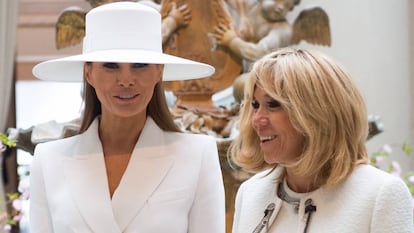 Lady Melania Trump y Brigitte Macron durante la visita de los mandatarios franceses a Estados Unidos en Abril de 2018.