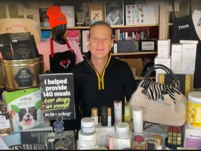 Lash Fary, founder of the business Distinctive Assets, with some of the gifts from the bags he’ll have delivered to 25 Oscar nominees, during an interview.