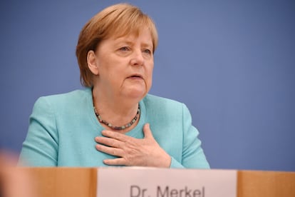 La canciller Angela Merkel en su rueda de prensa anual de verano, en Berlín, este jueves.