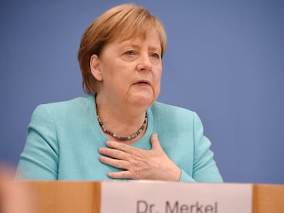 La canciller Angela Merkel en su rueda de prensa anual de verano, en Berlín, este jueves.