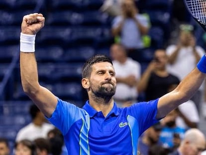 Novak Djokovic, of Serbia, celebrates winning his match against Alexandre Muller, of France, during the first round of the U.S. Open tennis championships, Tuesday, Aug. 29, 2023, in New York.