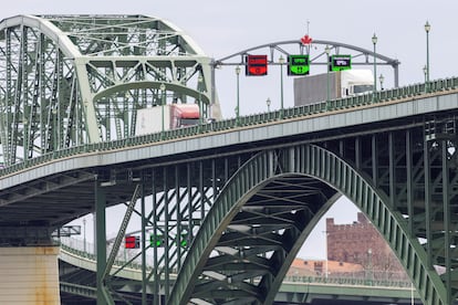 A truck crosses a bridge in Fort Erie, Ontario, which connects Canada and the United States.