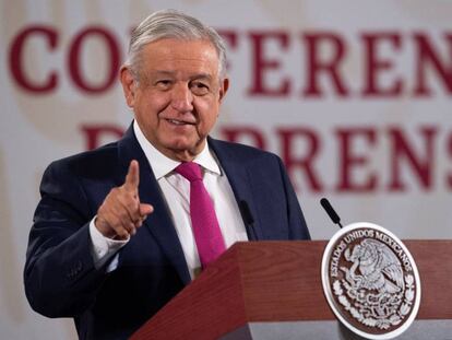 López Obrador, durante la rueda de prensa matutina en Palacio Nacional, este miércoles. 