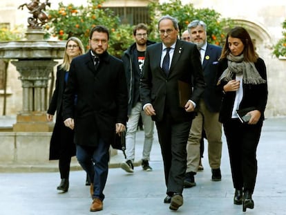 Desde la izquierda: El vicepresidente de la Generalitat, Pere Aragonès; el presidente Quim Torra y la portavoz Meritxell Budó, el 15 de enero en el Palau de la Generalitat.