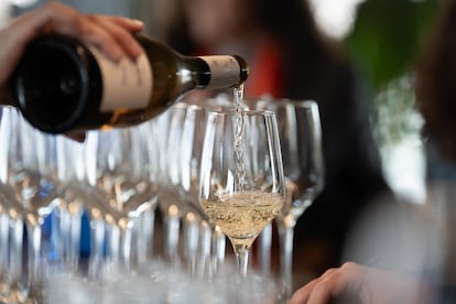 Un camarero sirve una copa de vino blanco en Barcelona.