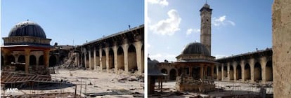 Dos imágenes del Alepo Media Center muestran, a la izquierda, la mezquita hoy, sin minarete, y a la derecha, el pasado 6 de marzo.