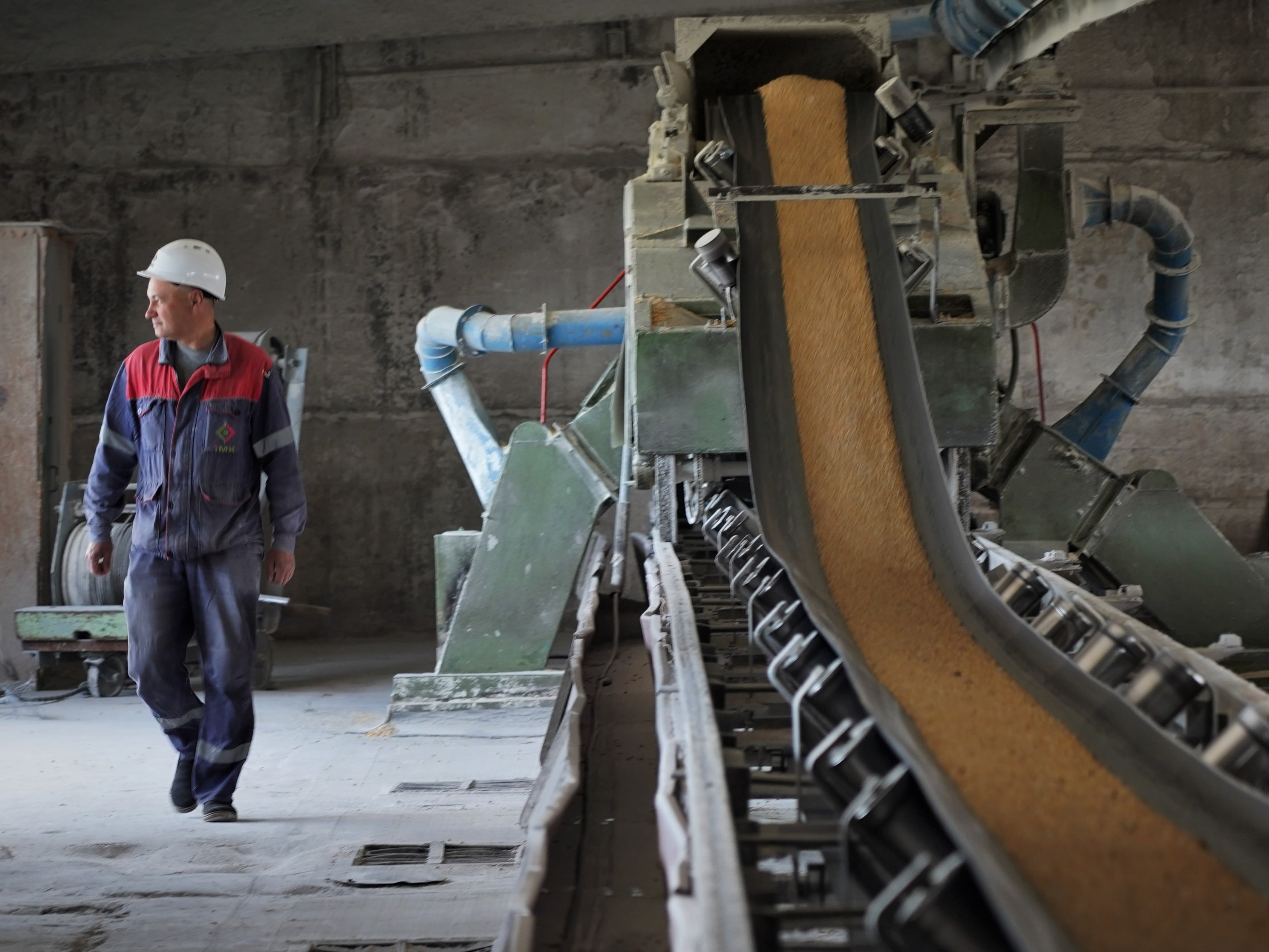 Un trabajador, junto a una de las cintas de transporte del granero Mlybor, en Chernihiv