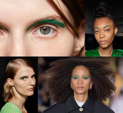 El verde también tiñe las brochas de maquillaje en MSGM, Three as Four o Versace.