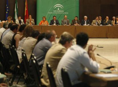 Juan Espadas, al fondo el quinto por la izquierda, preside ayer la reunión con alcaldes y técnicos de 67 municipios andaluces.