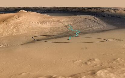 Ruta posible del ‘Curiosity’ desde el punto del cráter Gale donde ha aterrizado hasta las laderas del monte Sharp.