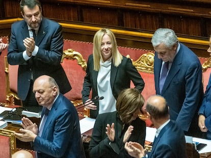 La primera ministra de Italia, Giorgia Meloni, en el segundo día del debate de investidura.