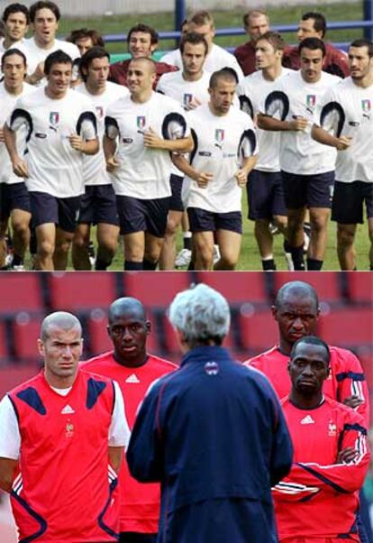 Arriba, los jugadores de Italia con camisetas de Puma. Abajo, Francia con Adidas.