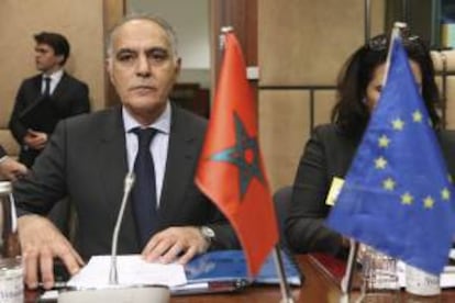 El ministro de Asuntos Exteriores marroquí Salaheddine Mezouar asiste al Consejo de Asociación entre la Unión Europea y Marruecos celebrada en la sede de la UE en Bruselas, Bélgica, hoy.