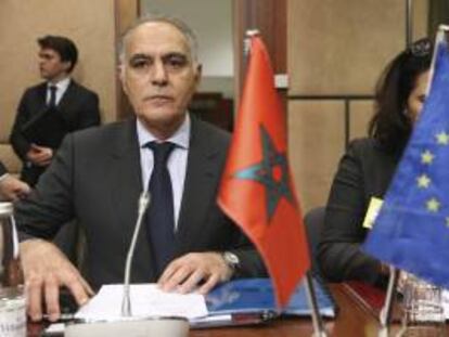 El ministro de Asuntos Exteriores marroquí Salaheddine Mezouar asiste al Consejo de Asociación entre la Unión Europea y Marruecos celebrada en la sede de la UE en Bruselas, Bélgica, hoy.