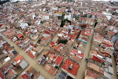 Aerial view of the city of Dolores in Alicante province, which was flooded after Segura River overflowed.