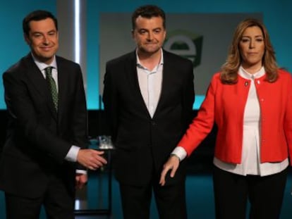 Juanma Moreno (PP), Antonio Maillo (IU) y Susana D&iacute;az (PSOE) en el debate de TVE del pasado 16 de marzo.