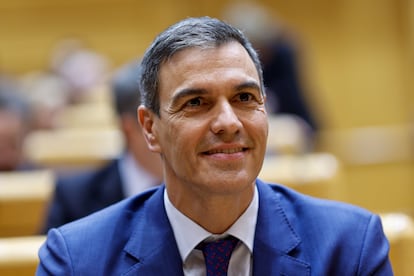 El presidente del Gobierno, Pedro Sánchez, durante el pleno del Congreso, reunido excepcionalmente en el Senado, que debatió la convalidación de tres decretos del Gobierno con medidas para amortiguar la crisis.