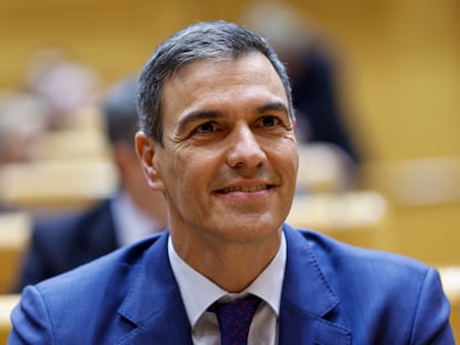 El presidente del Gobierno, Pedro Sánchez, durante el pleno del Congreso, reunido excepcionalmente en el Senado, que debatió la convalidación de tres decretos del Gobierno con medidas para amortiguar la crisis.