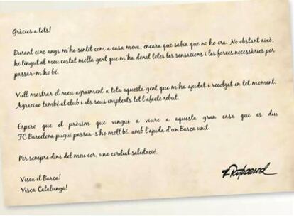 Imagen de la carta de despedida de Rijkaard publicada en la revista del club