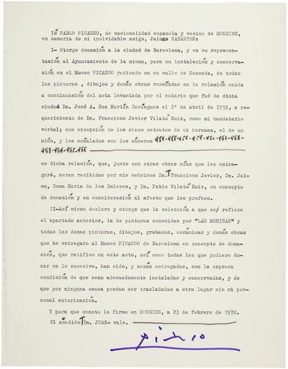 Documento del 23 de febrero de 1970 con la donación de las obras a Barcelona por Picasso.