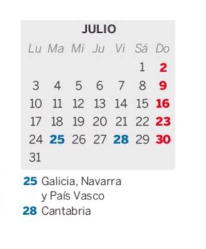 Calendario laboral del mes de julio en 2017.