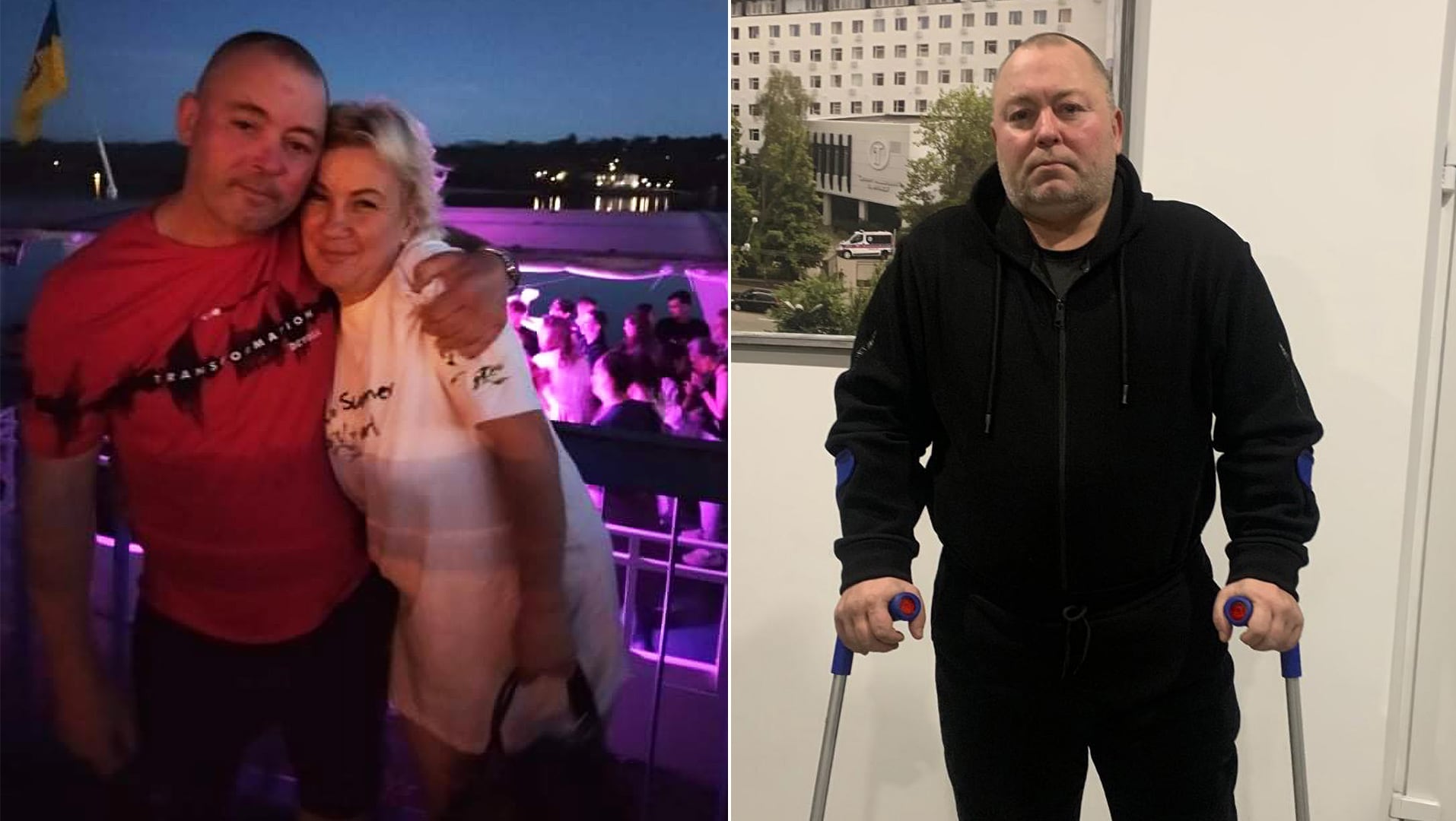 Sergii, alias 'Zioma', con su esposa en 2021, en la foto de la izquierda, y este martes, en el Instituto traumatológico de Kiev. 