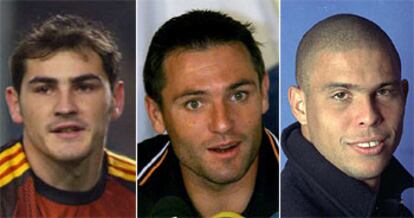 De derecha a izquierda: Iker Casillas, portero del Madrid, el que más paradas hace; Cañizares, del Valencia, el menos goleado; , delantero del Madrid y máximo goleador