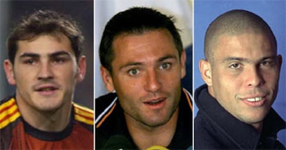 De derecha a izquierda: Iker Casillas, portero del Madrid, el que más paradas hace; Cañizares, del Valencia, el menos goleado; , delantero del Madrid y máximo goleador
