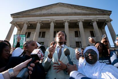 State Representative Justin Jones, D-Nashville, delivers remarks outside the state Capitol, April 10, 2023, in Nashville, Tennessee.