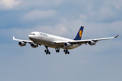 A commercial airplane during the landing phase.