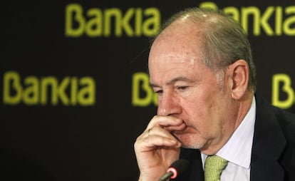 El presidente de BFA-Bankia, Rodrigo Rato, durante la presentaci&oacute;n de resultados del banco realizado el pasado 10 de febrero.