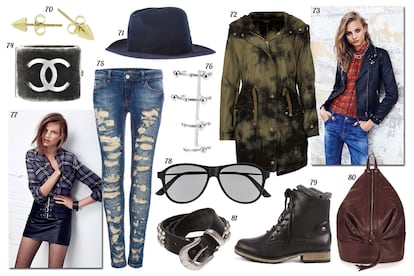 70. Jennifer Meyer Pendientes dorados de pinchos. 71. MM6 by Maison Martin Margiela Sombrero azul. 72. Topshop Parka con efecto tie dye. 73 y 77. Mango. 74. Chanel Brazalete de terciopelo con logo. 75. Pull&Bear Jeans pitillo con rotos. 76. Rebekka Rebekka Ear cuff con esferas. 78. Gucci Gafas de sol con montura de pasta. 79. Mustang Bota de piel con cordones y ribete de punto. 80. Topshop Mochila con cremallera. 81. Ronald Pineau Cinturón de piel con tachuelas.