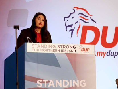 La ministra de Gibraltar, Samantha Sacramento, este sábado en Belfast, en el congreso de los unionistas norirlandeses del DUP
