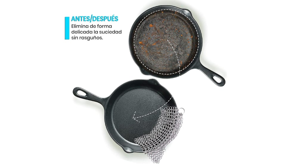 El estropajo de cota de malla elimina la suciedad dura sin dañar las superficies.