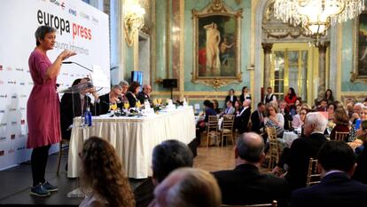 La comisaria europea de Competencia, Margrethe Vestager, duarante su intervención el jueves en Madrid en un desayuno informativo.