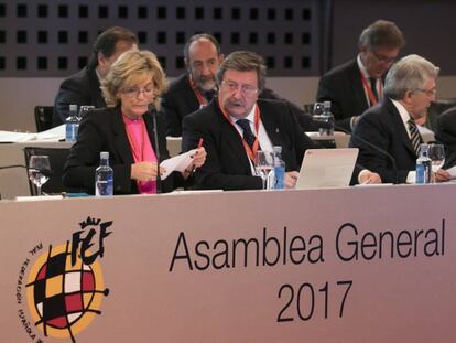 Esther Gasc&oacute;n, Larrea, presidente en funciones de la FEF, Enrique Cerezo y Luis Rubiales en la &uacute;ltima asamblea federativa.