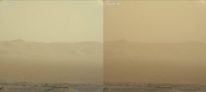 Estas imágenes tomadas por el robot 'Curiosity' el 7 y el 10 de junio muestran cómo está oscureciendo la tormenta el cielo marciano.