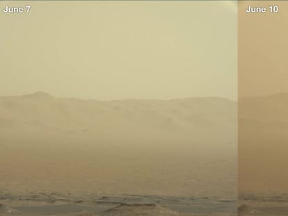 Estas imágenes tomadas por el robot 'Curiosity' el 7 y el 10 de junio muestran cómo está oscureciendo la tormenta el cielo marciano.