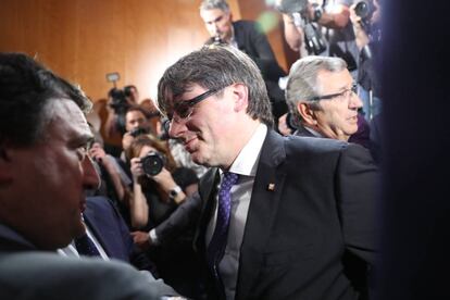 El presidente de la Generalitat, Carles Puigdemont, en la conferencia del Palacio de Cibeles.