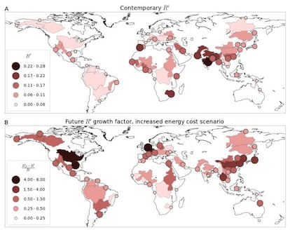 El mapa muestra los deltas estudiados y sus cuencas. Arriba, situaci&oacute;n de riesgo actual medida por el color y poblaci&oacute;n afectada (di&aacute;metro del c&iacute;rculo). Abajo, situaci&oacute;n futura en un escenario de costes de infraestructuras elevados.