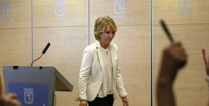 Esperanza Aguirre, el d&iacute;a que anunci&oacute; su dimisi&oacute;n como concejal del Ayuntamiento de Madrid.