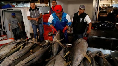 Un trabajador revisa la calidad del atún en un mercado de Ciudad de México.