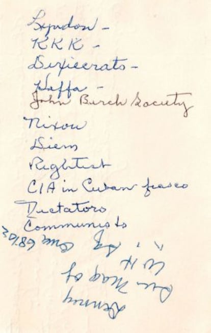 Lista de Evelyn Lincoln, secretaria de J. F. Kennedy, sobre los posibles asesinos del presidente de Estados Unidos.